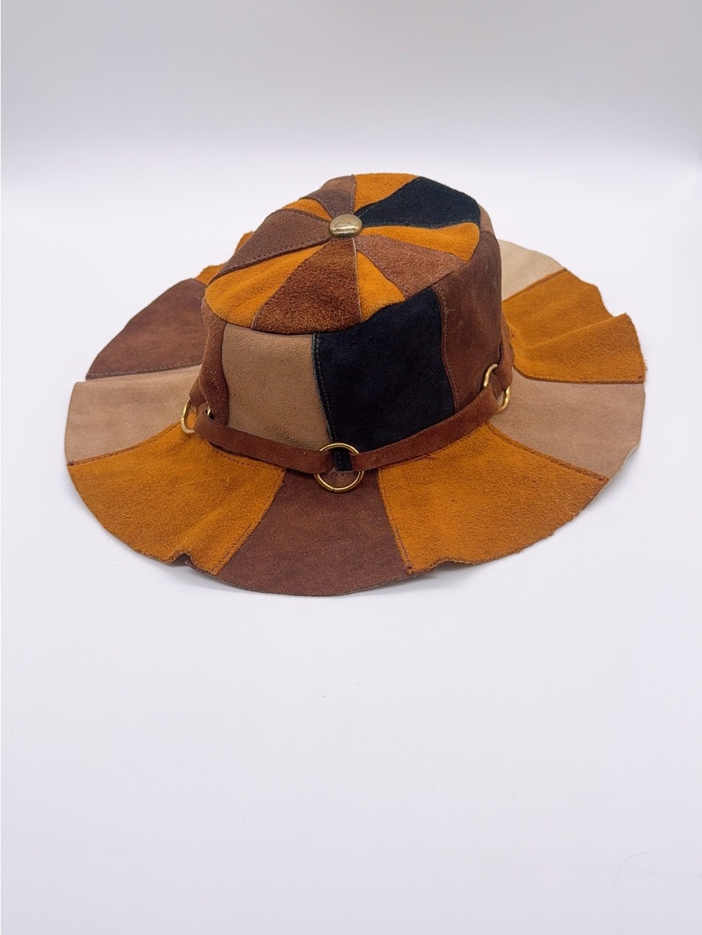 Vintage 70s Suede Patchwork Floppy Hat Hippie Boho Made in Mexico Size 6